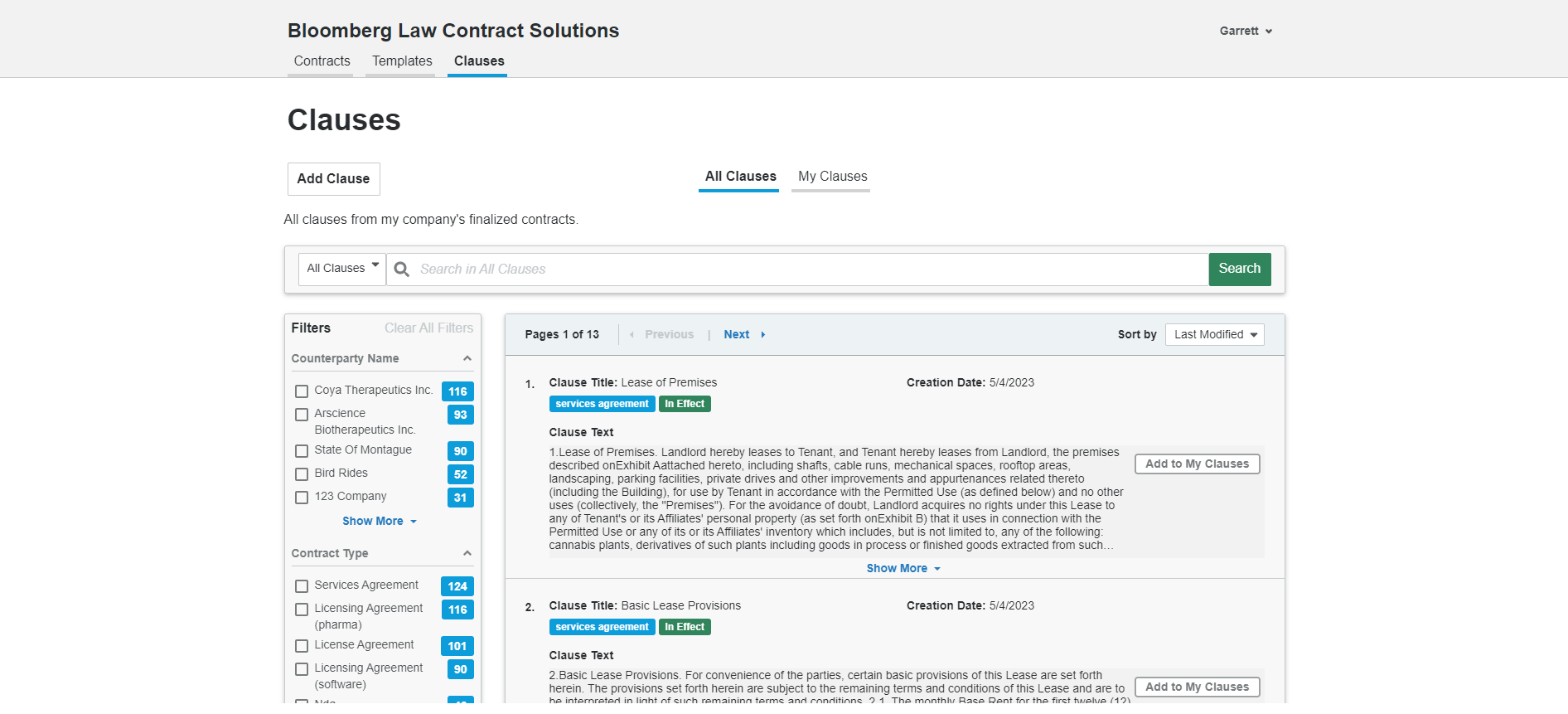 screenshot of Bloomberg Law Contract Solutions